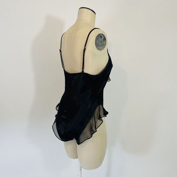 Vintage Josie Lingerie Satin Bodysuit Women's Size Medium Black Lace Bow - Picture 7 of 10